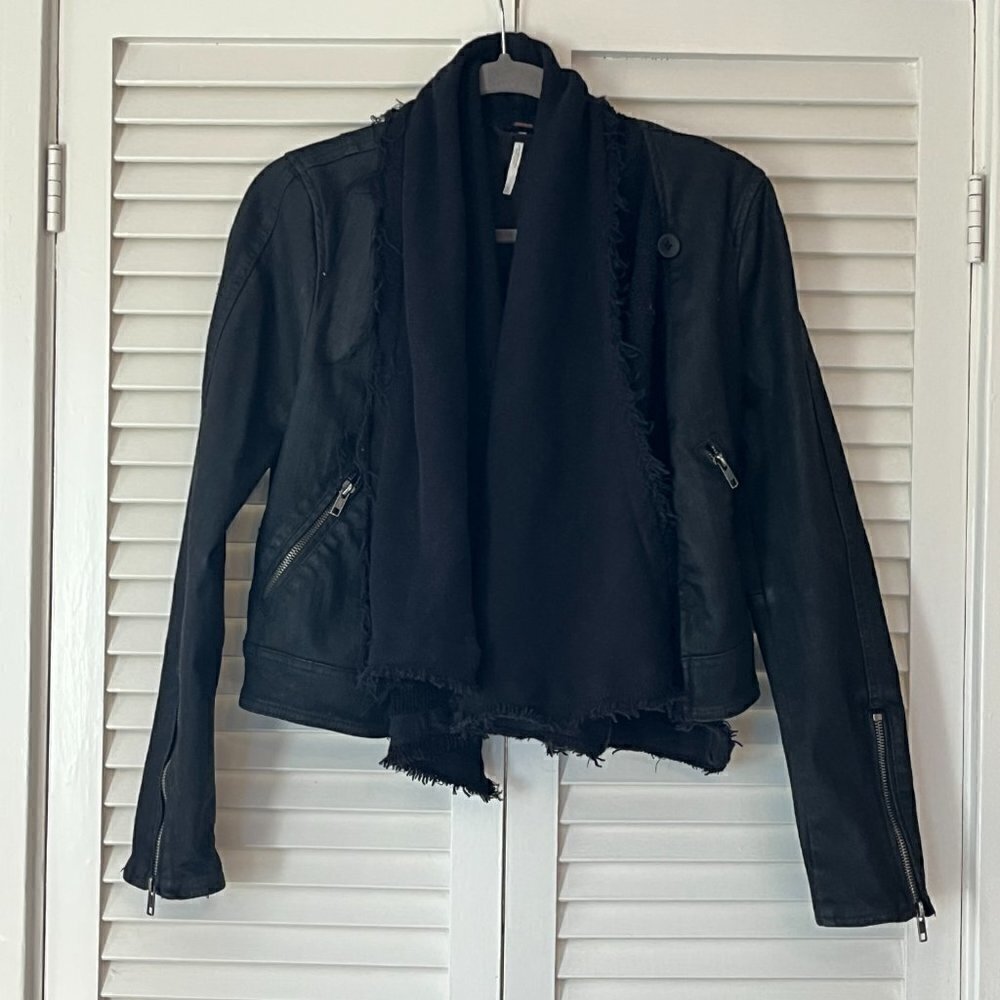 Free People Drape Front Coated Moto Jacket 2 black denim - Picture 2 of 14